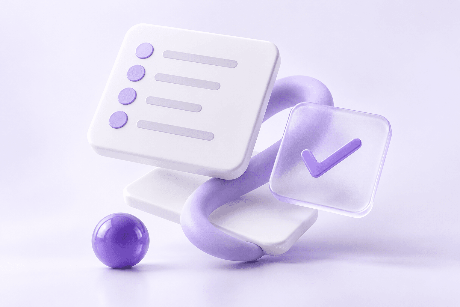 Illustration of layered white question cards and lavender shapes